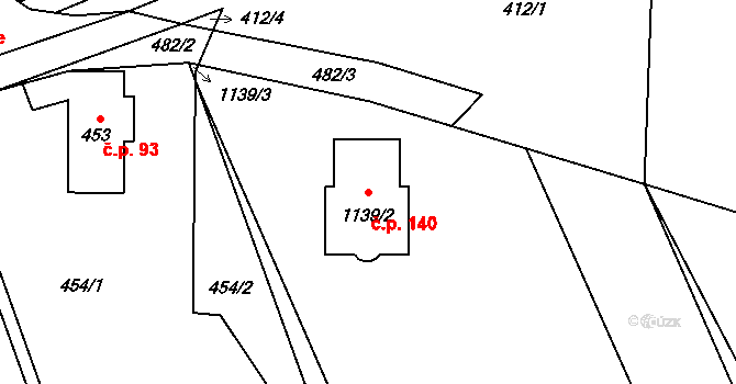 Třeština 140 na parcele st. 1139/2 v KÚ Třeština, Katastrální mapa