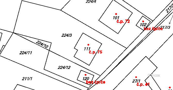 Zhoř u Tábora 75 na parcele st. 111 v KÚ Zhoř u Tábora, Katastrální mapa