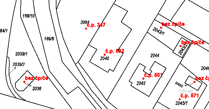 Bystřice nad Pernštejnem 502 na parcele st. 2040 v KÚ Bystřice nad Pernštejnem, Katastrální mapa