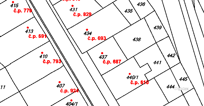 Vlčnov 687 na parcele st. 437 v KÚ Vlčnov, Katastrální mapa