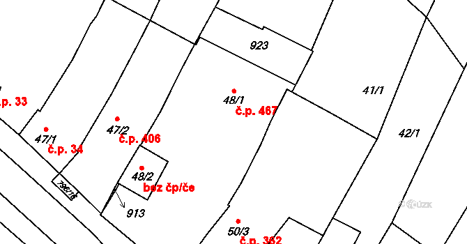 Sady 467, Uherské Hradiště na parcele st. 48/1 v KÚ Sady, Katastrální mapa