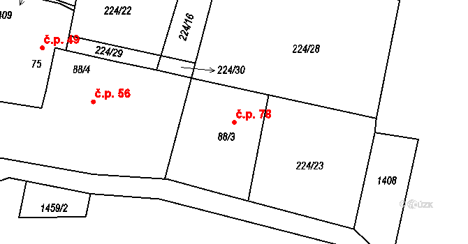 Zahořany 78, Kovářov na parcele st. 88/3 v KÚ Zahořany, Katastrální mapa