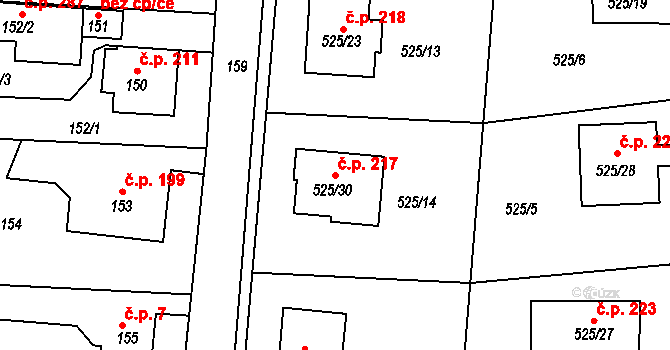 Jinočany 217 na parcele st. 525/30 v KÚ Jinočany, Katastrální mapa