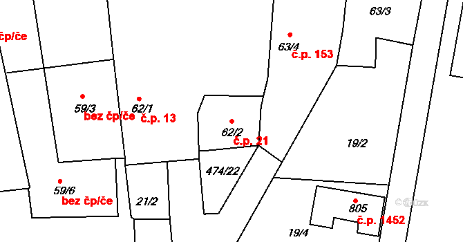 Rudná 21 na parcele st. 62/2 v KÚ Dušníky u Rudné, Katastrální mapa