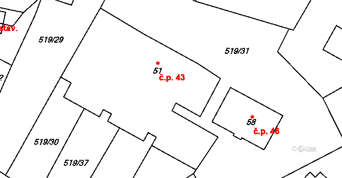 Chmelná 43, Sušice na parcele st. 51 v KÚ Velká Chmelná, Katastrální mapa
