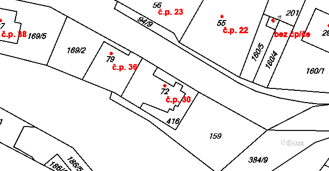 Dolní Bradlo 30, Horní Bradlo na parcele st. 72 v KÚ Horní Bradlo, Katastrální mapa