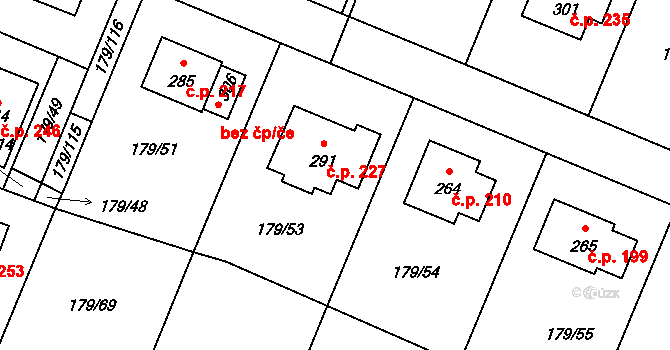 Břežany II 227 na parcele st. 291 v KÚ Břežany II, Katastrální mapa