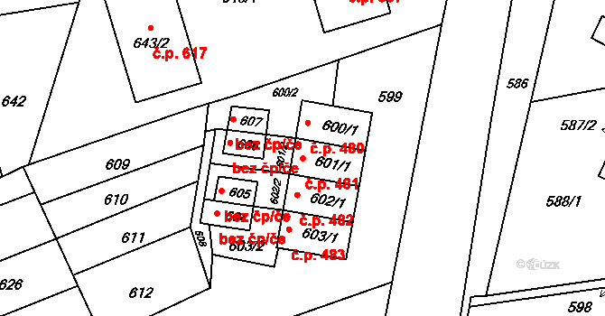 Rájec 481, Rájec-Jestřebí na parcele st. 601/1 v KÚ Rájec nad Svitavou, Katastrální mapa
