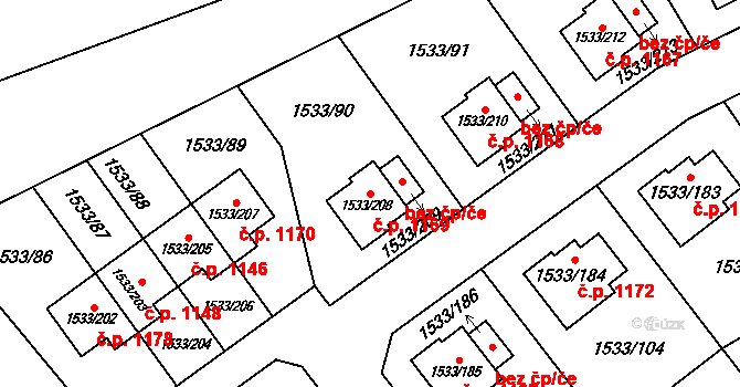 Řeporyje 1169, Praha na parcele st. 1533/208 v KÚ Řeporyje, Katastrální mapa