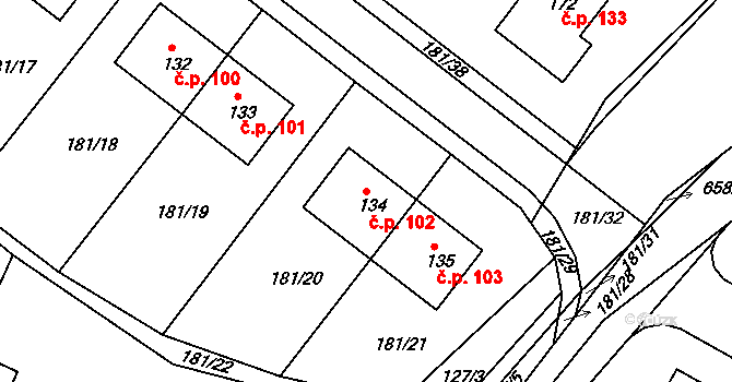 Líšťany 102 na parcele st. 134 v KÚ Líšťany, Katastrální mapa