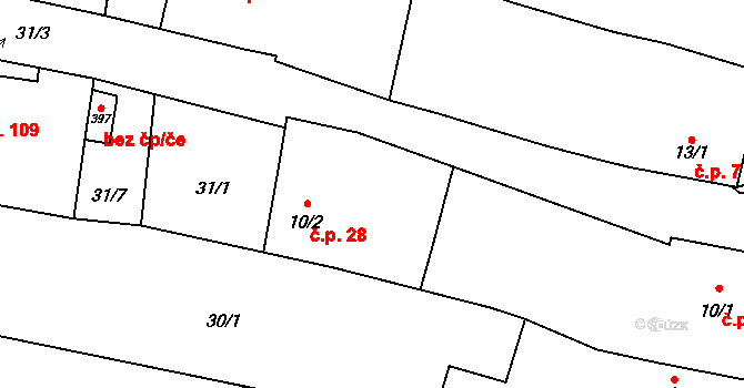 Domoušice 28 na parcele st. 10/2 v KÚ Domoušice, Katastrální mapa