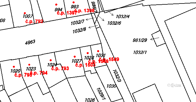 Louny 1549 na parcele st. 1031 v KÚ Louny, Katastrální mapa