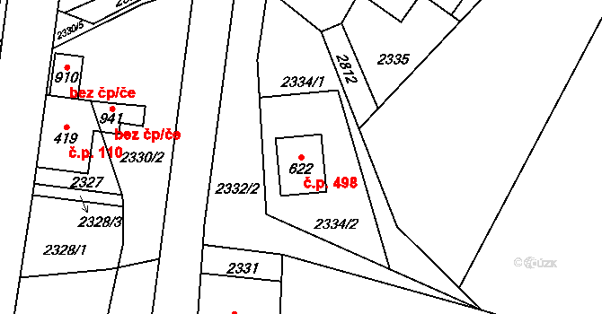 Petrovice 498 na parcele st. 622 v KÚ Petrovice u Chabařovic, Katastrální mapa