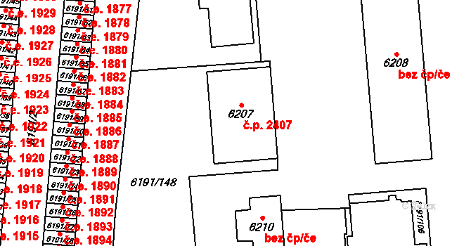 Jihlava 2407 na parcele st. 6207 v KÚ Jihlava, Katastrální mapa
