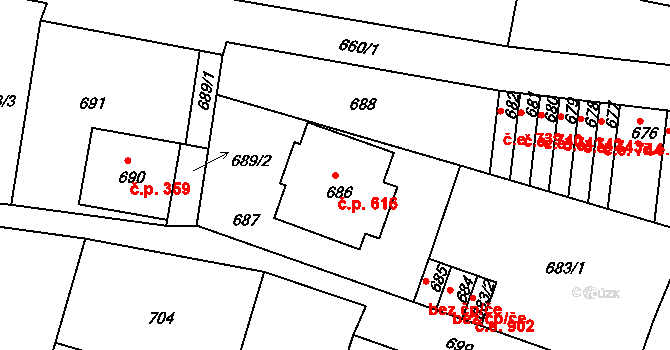 Děčín IV-Podmokly 616, Děčín na parcele st. 686 v KÚ Podmokly, Katastrální mapa