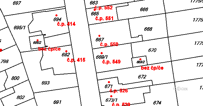 Kosmonosy 549 na parcele st. 669/1 v KÚ Kosmonosy, Katastrální mapa