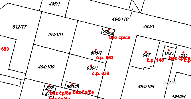 Libochovice 653 na parcele st. 698/1 v KÚ Libochovice, Katastrální mapa