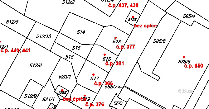 Krásné Březno 361, Ústí nad Labem na parcele st. 515 v KÚ Krásné Březno, Katastrální mapa