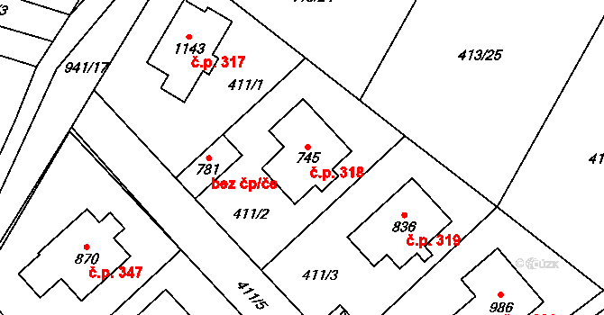Velké Popovice 318 na parcele st. 745 v KÚ Velké Popovice, Katastrální mapa
