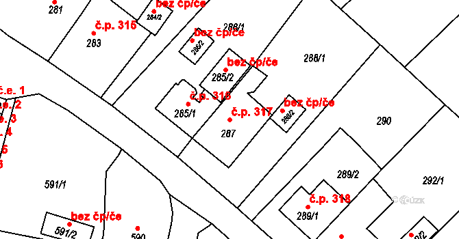 Miřetice u Klášterce nad Ohří 317, Klášterec nad Ohří na parcele st. 287 v KÚ Miřetice u Klášterce nad Ohří, Katastrální mapa
