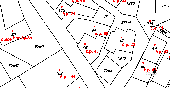 Hruška 45 na parcele st. 45 v KÚ Hruška, Katastrální mapa
