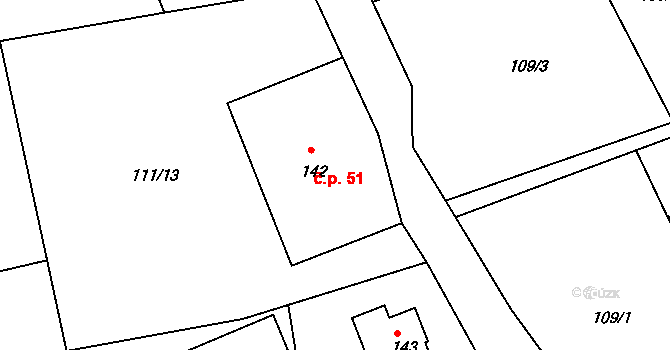 Chlístov 51, Železný Brod na parcele st. 142 v KÚ Chlístov u Železného Brodu, Katastrální mapa