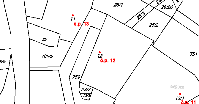 Skrýšov 12, Pelhřimov na parcele st. 12 v KÚ Skrýšov u Pelhřimova, Katastrální mapa