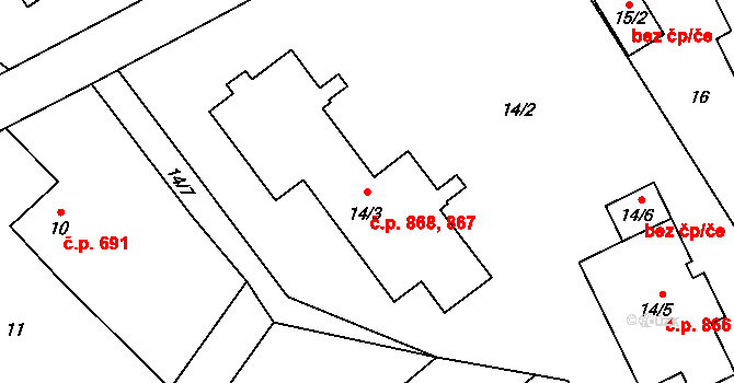 Návsí 867,868 na parcele st. 14/3 v KÚ Návsí, Katastrální mapa