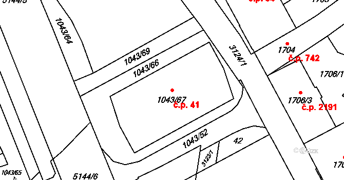 Místek 41, Frýdek-Místek na parcele st. 1043/67 v KÚ Místek, Katastrální mapa
