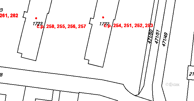 Příbram V-Zdaboř 251,252,253,254, Příbram na parcele st. 1722 v KÚ Březové Hory, Katastrální mapa