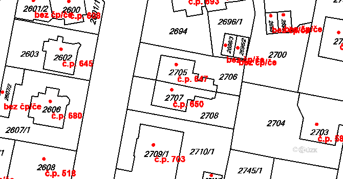 Jirkov 650 na parcele st. 2707 v KÚ Jirkov, Katastrální mapa