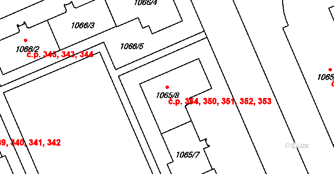 Koterov 350,351,352,353,354, Plzeň na parcele st. 1065/8 v KÚ Hradiště u Plzně, Katastrální mapa