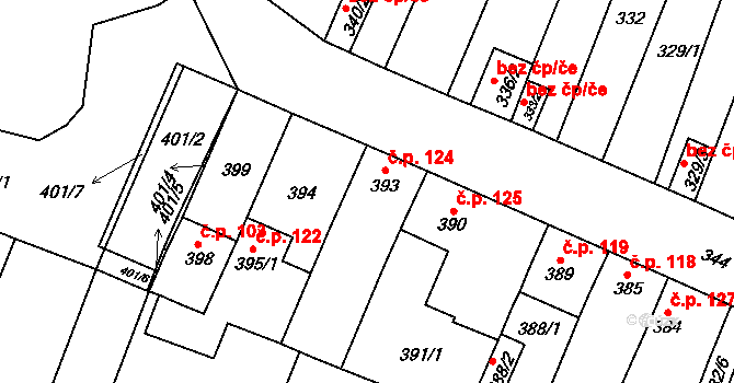 Rajhradice 124 na parcele st. 393 v KÚ Rajhradice, Katastrální mapa