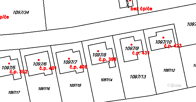 Grygov 398 na parcele st. 1097/8 v KÚ Grygov, Katastrální mapa