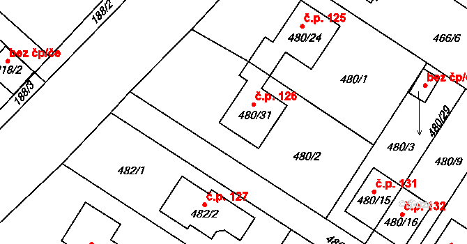 Rebešovice 126 na parcele st. 480/31 v KÚ Rebešovice, Katastrální mapa