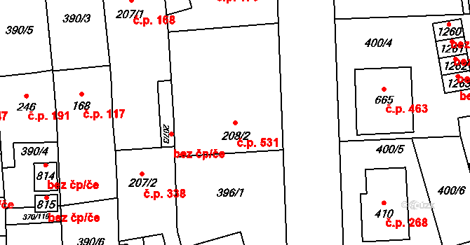 Prštné 531, Zlín na parcele st. 208/2 v KÚ Prštné, Katastrální mapa