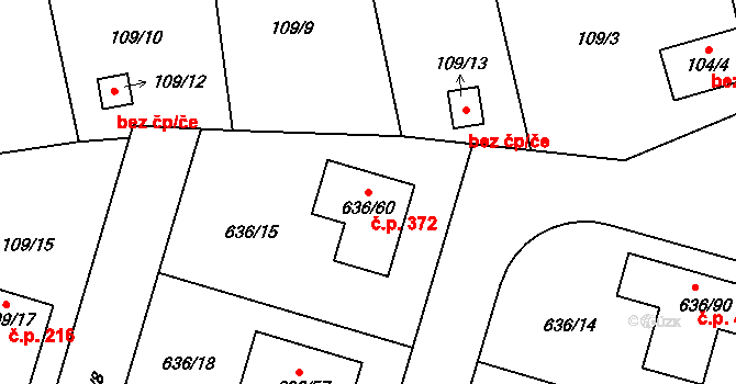 Červený Hrádek 372, Plzeň na parcele st. 636/60 v KÚ Červený Hrádek u Plzně, Katastrální mapa