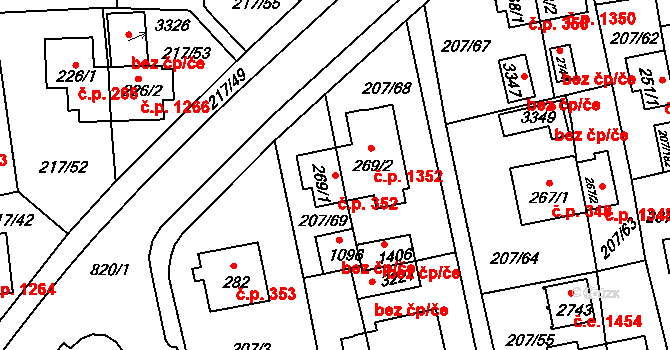 Sezimovo Ústí 352 na parcele st. 269/1 v KÚ Sezimovo Ústí, Katastrální mapa