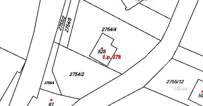 Trnava 278 na parcele st. 525 v KÚ Trnava u Zlína, Katastrální mapa