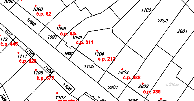 Nivnice 212 na parcele st. 1104 v KÚ Nivnice, Katastrální mapa