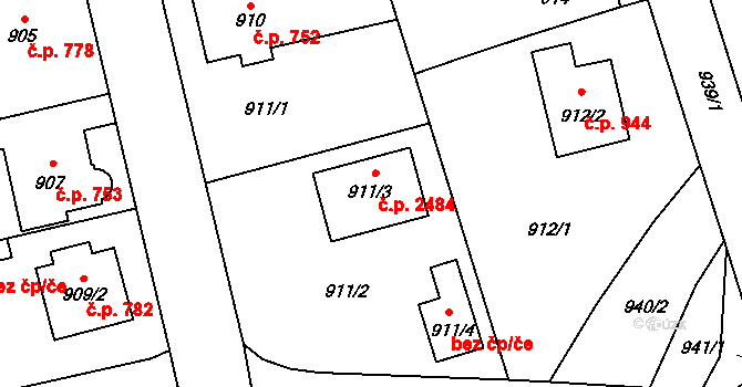 Pelhřimov 2484 na parcele st. 911/3 v KÚ Pelhřimov, Katastrální mapa