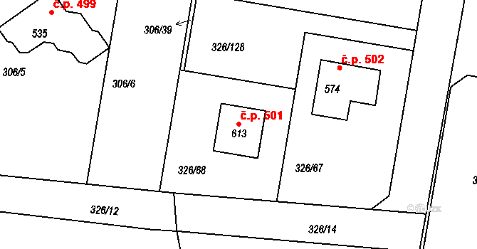 Bradlec 501 na parcele st. 613 v KÚ Bradlec, Katastrální mapa