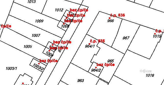 Nýřany 835 na parcele st. 964/1 v KÚ Nýřany, Katastrální mapa