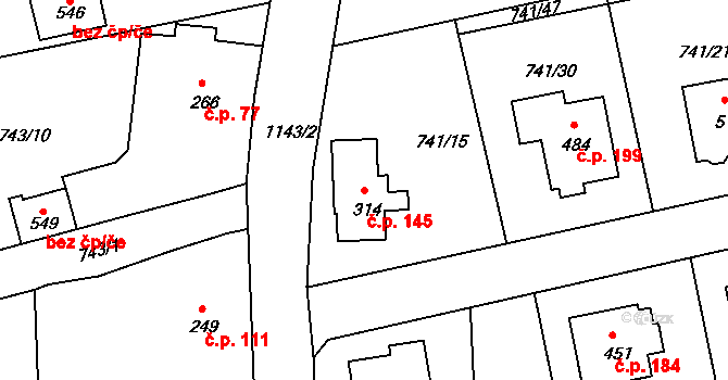Dolní Kamenice 145, Česká Kamenice na parcele st. 314 v KÚ Dolní Kamenice, Katastrální mapa