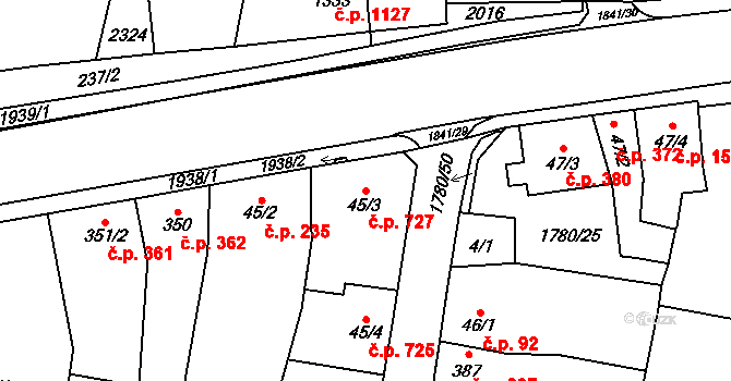 Přelouč 727 na parcele st. 45/3 v KÚ Přelouč, Katastrální mapa
