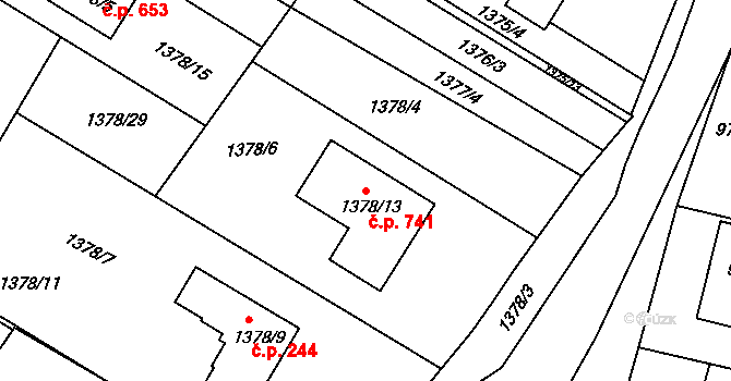 Sokolnice 741 na parcele st. 1378/13 v KÚ Sokolnice, Katastrální mapa