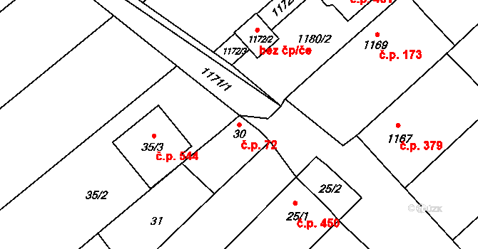 Moravský Žižkov 72 na parcele st. 30 v KÚ Moravský Žižkov, Katastrální mapa