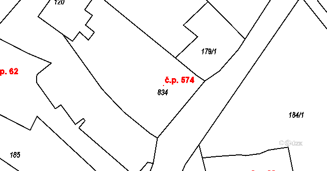 Stařeč 574 na parcele st. 834 v KÚ Stařeč, Katastrální mapa