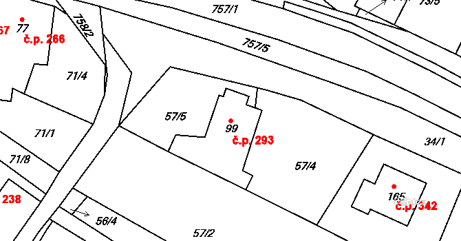 Dobronín 293 na parcele st. 99 v KÚ Střelecká, Katastrální mapa