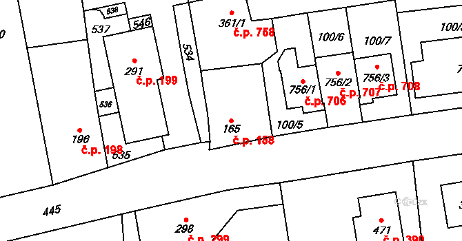 Horoměřice 158 na parcele st. 165 v KÚ Horoměřice, Katastrální mapa